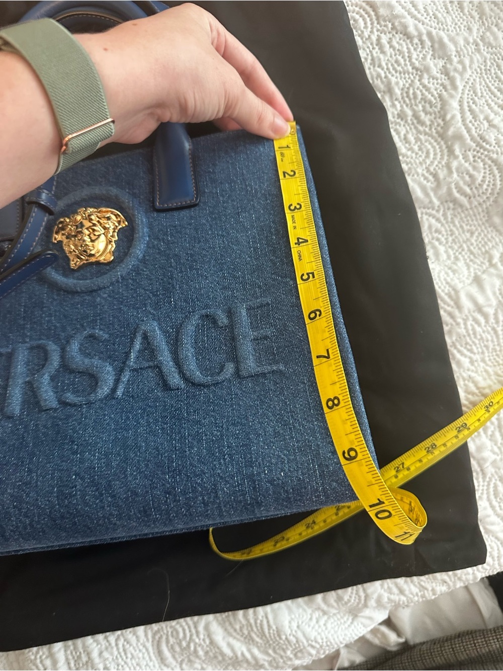 Versace Dark Blue Denim Tote with Gold Medusa Emblem - Picture 8 of 9